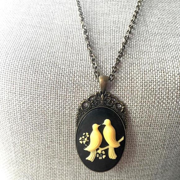Handmade Jewelry - Black and Yellow Bird Cameo Victorian Style Necklace